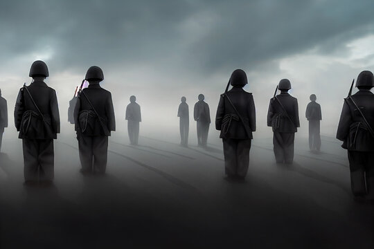 Digital concept art of north Korean army force soldiers standing in the field. Digital illustration featuring communist troops under Kim Jong Un standing all alone on a grey background.
