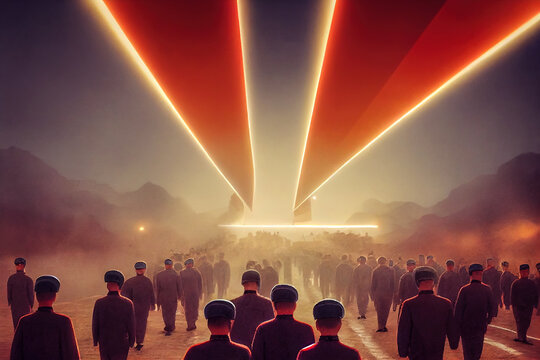 Digital concept art featuring North Korean soldiers standing in an empty field at night. Communist army of Kim Jong Un in North Korea. Repressed soldiers standing in the cold in a digital artwork.