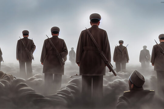 Digital concept art of north Korean army force soldiers standing in the field. Digital illustration featuring communist troops under Kim Jong Un standing all alone on a grey background.