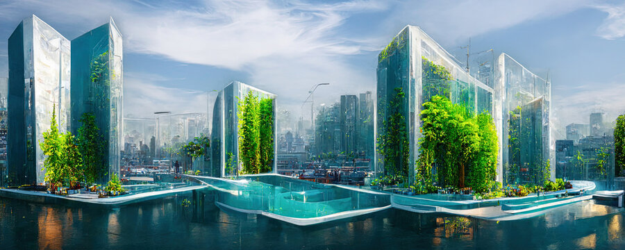 3D Digital Illustration Of Futuristic Sustainable Houses. Future City With Vertical Gardens On Skyscraper Buildings. Green Trees And Vegetation On Buildings. Environmentally Friendly Architecture.