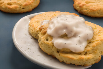 biscuits and gravy, breakfast food item, a yummy and savory meal
