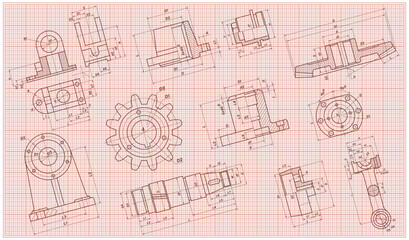 A technical study in crimson tones. Editable graph paper background. Technical drawing, unique machine details. Wallpaper. Vector illustration.