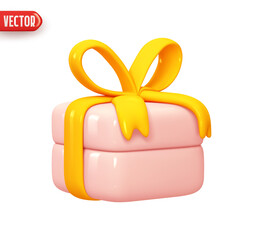 Gift box. Holiday decoration Square gift box with bow. Festive gift surprise. Decor present boxes. Realistic 3d design In plastic cartoon style. Icon isolated on white background. Vector illustration