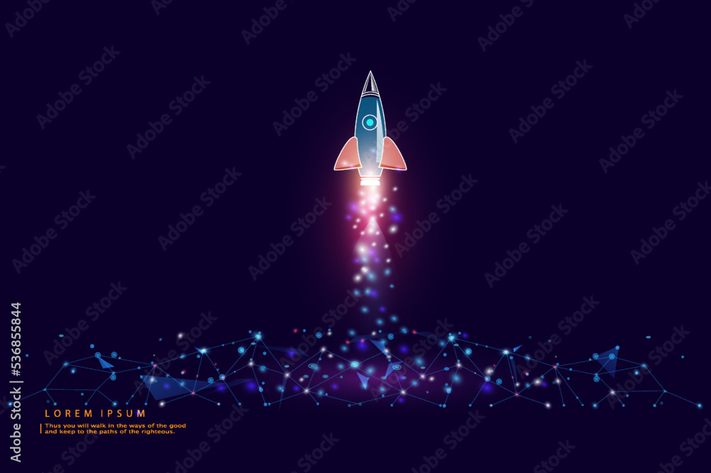 Poster rocket launch. business startup concept form lines, triangles and particle style design. rocket laun
