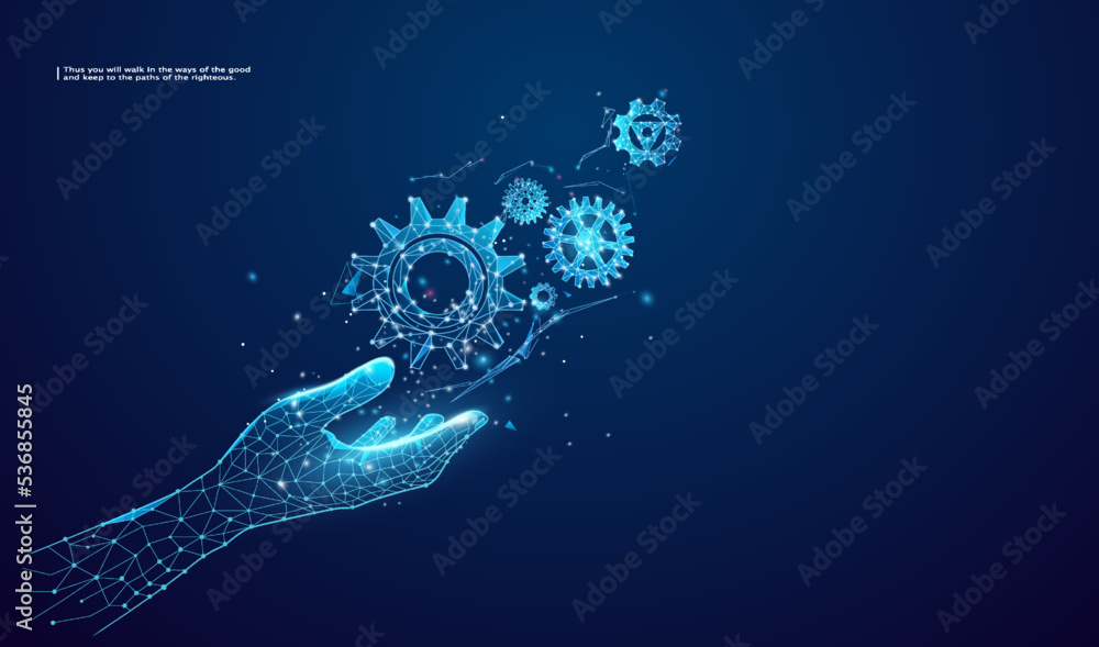 Poster gears. mechanical technology machine engineering symbol in hand. abstract wireframe low polygonal 3d