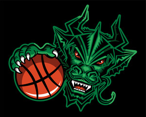 dragon mascot holding basketball in claw for school, college or league