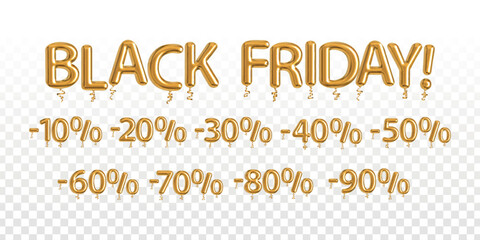 Vector realistic isolated golden balloon text of Black Friday and sale numbers on the transparent background.