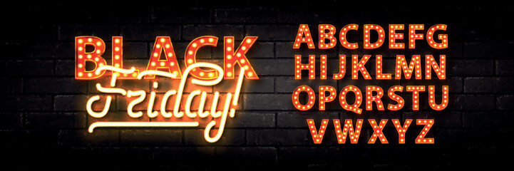 Vector realistic isolated neon marquee sign of Black Friday text with alphabet font on the wall background.