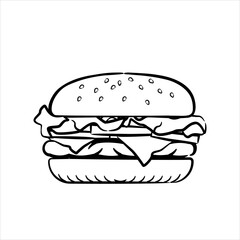 Graphical sketch of hamburger isolated on white background,vector illustration. Modern design street food logotype. Cheeseburger flat icon for printing, fast food. - obrazy, fototapety, plakaty