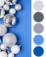Stylish Christmas decor on blue background. Different color patterns