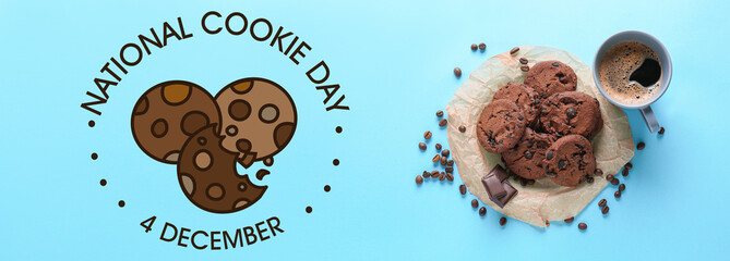 Delicious chocolate cookies and cup of coffee on blue background. National Cookie Day
