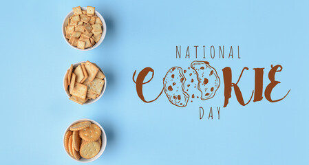 Bowls of crackers on blue background. National Cookie Day