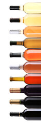 Set of bottles with different kinds of wine on white background