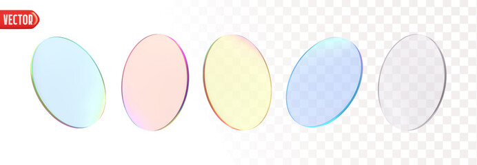 Transparent Round set of glass plates. Collection Glass morphism. Realistic 3d design mirror. Vector illustration