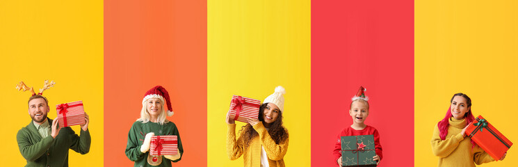 Different people with Christmas gifts on colorful background