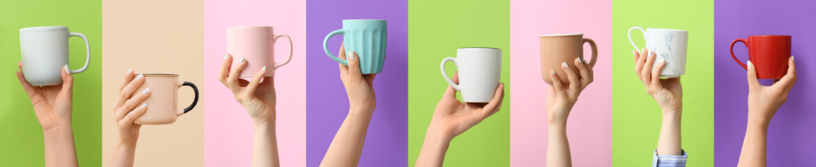 Collage of female hands with ceramic cups on color background