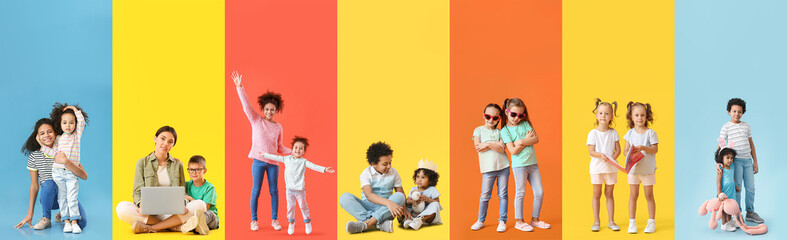 Collage of cute sisters and brothers on color background