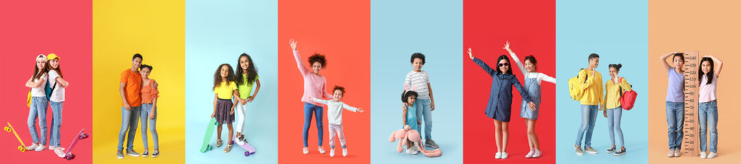 Collage of adorable sisters and brothers on color background
