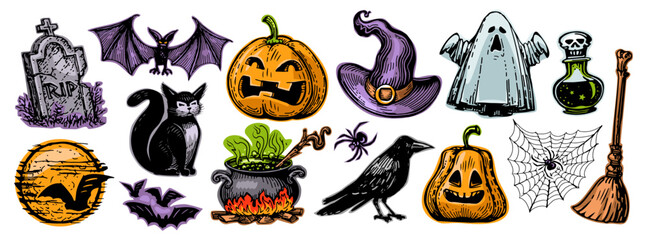 Retro Halloween decorations collection. Funny and scary holiday elements set. Color vector illustration