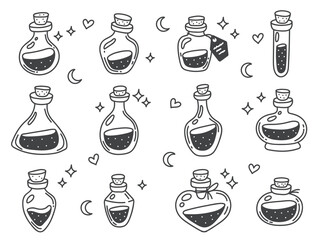 Potion alchemy jar bottle mystic glass line art style isolated set collection graphic design illustration