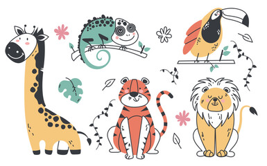 Fototapeta premium Animal safari jungle cartoon cute line style characters isolated set collection graphic design illustration