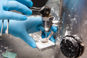 Scientist embedding tissues in paraffin blocks for sectioning using a paraffin dispenser. Pathology...