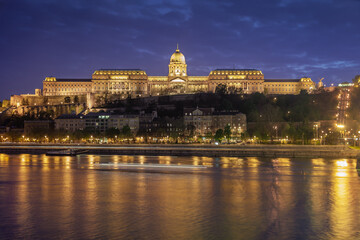 Fototapeta na wymiar Danube River view of the Buda Castle at dramatic evening, Budapest, Hungary