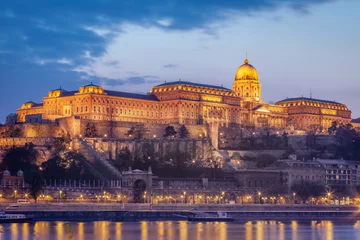 Fotobehang Danube River view of the Buda Castle at dramatic evening, Budapest, Hungary © Aide