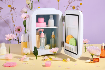 Small refrigerator with cosmetics and flowers on table near lilac wall