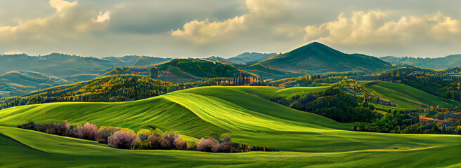 Schöne und wundersame Farben der grünen Frühlingspanoramalandschaft von Toskana, Italien. Toskana-Landschaft mit Getreidefeldern, Zypressen und Häusern auf den Hügeln bei Sonnenuntergang.