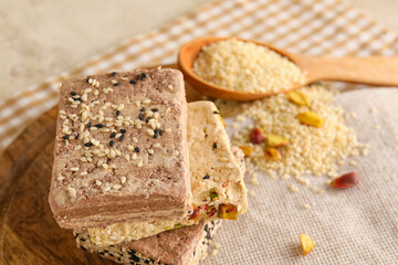Delicious sesame halva on table, closeup