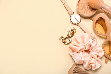 Different stylish female accessories on color background, closeup
