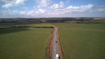 Drone footage of countryside roads in Cornwall