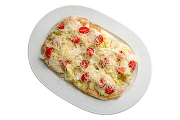 Roman pizza, Pinsa caesar with chicken and salad on roman dough isolated on white background top view