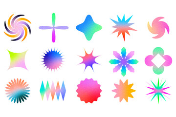 Set of holographic shapes stars elements. Geometric shapes, gradient and blurred set sticker vector.