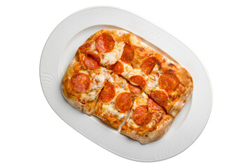Pepperoni pizza on Roman dough pinsa isolated on white background top view
