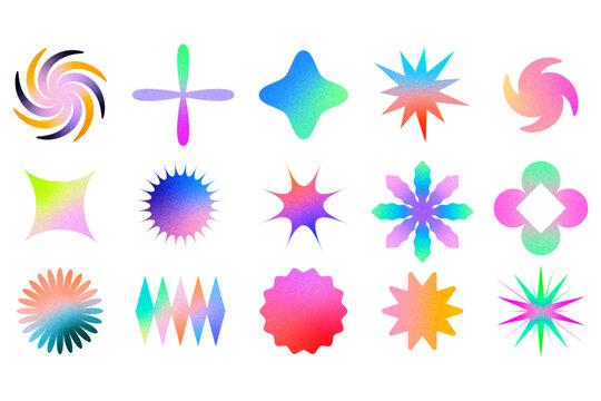 Set of holographic shapes stars elements. Geometric shapes, gradient and blurred set sticker vector.