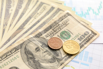Dollar banknotes with cents on diagrams, closeup. Exchange rate concept