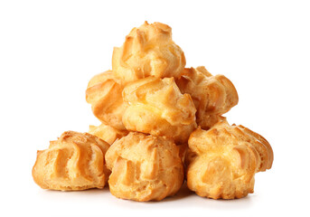 Tasty round eclairs on white background