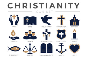 Christianity Icon Set with Faith, Bible, Crucifixion , Baptism, Church, Resurrection, Holy Spirit, Saints, Commandments,Light, Protection, Justice, Safety and Love Christian Icons