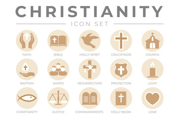 Round Christianity Icon Set with Faith, Bible, Crucifixion , Baptism, Church, Resurrection, Holy Spirit, Saints, Commandments,Light, Protection, Justice, Holly Book and Love Color Icons