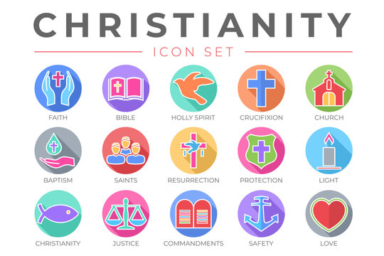 Youthful Christianity Icon Set with Faith, Bible, Crucifixion , Baptism, Church, Resurrection, Holy Spirit, Saints, Commandments,Light, Protection, Justice, Safety and Love Thin Icons
