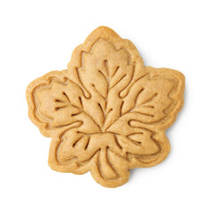 Tasty cookie in shape of leaf on white background, top view