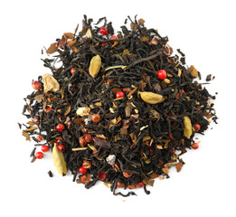 Pile of aromatic herbal tea isolated on white, top view