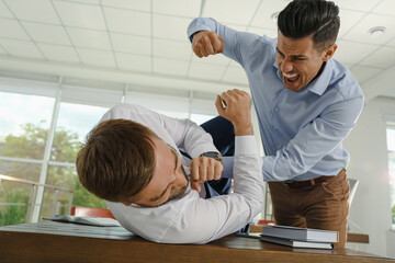 Emotional colleagues fighting in office. Workplace conflict