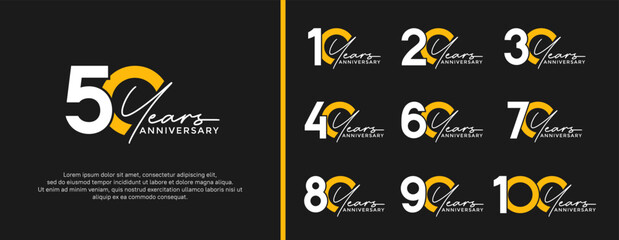Fototapeta premium set of anniversary logo white and yellow color on black background for celebration moment