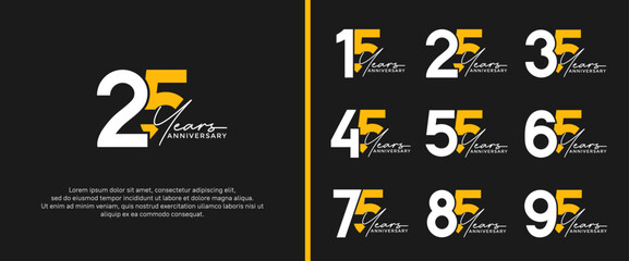 set of anniversary logo white and yellow color on black background for celebration moment