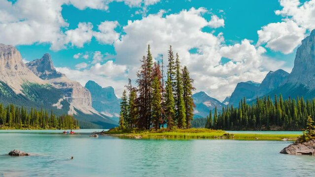 4K time-lapse UHD video of iconic Spirit Island on Maligne Lake during summer, Jasper National Park, Alberta, Canada, still timelapse view