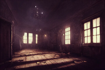 creepy interior of an abandoned building background, concept art, digital illustration, haunted house, scary interior, halloween background, Generative AI