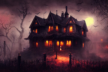 Fototapeta na wymiar haunted house, creepy spooky house, halloween background, concept art, digital illustration